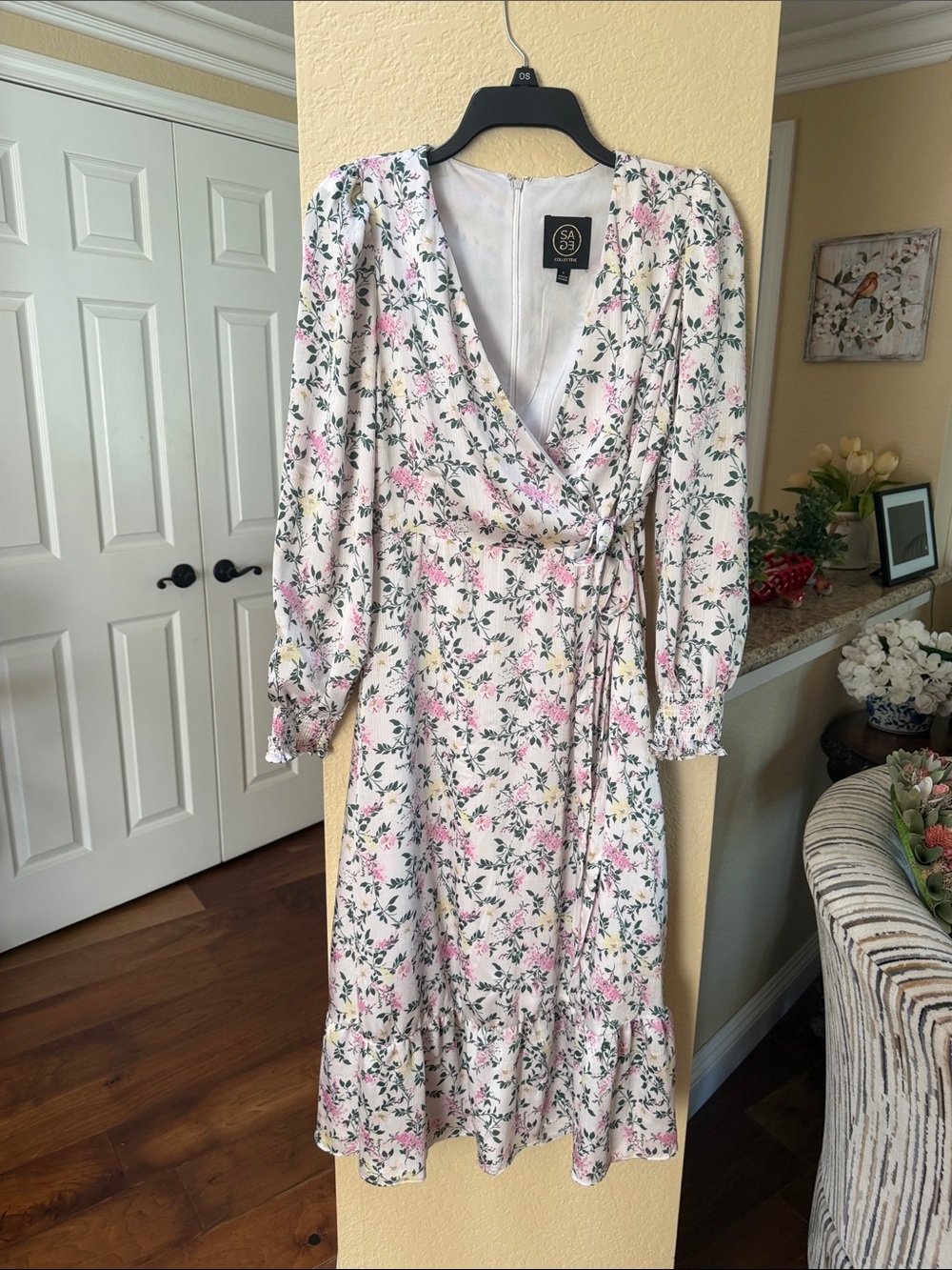 Floral Midi Dress in White and Pink, long sleeves tie at waist, ruffled hem